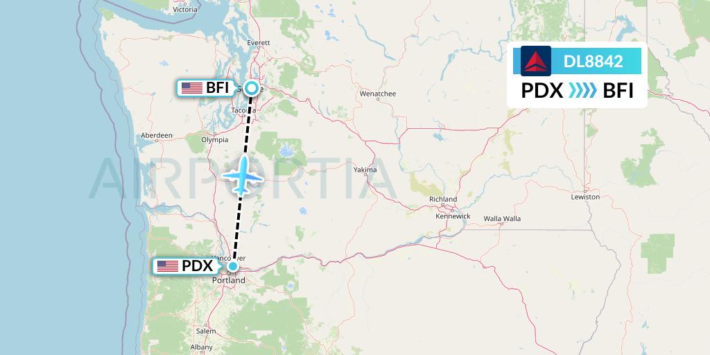 DL8842 Delta Air Lines Flight Map: Portland to Seattle