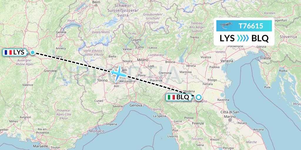 T76615 Twin Jet Flight Map: Lyon to Bologna