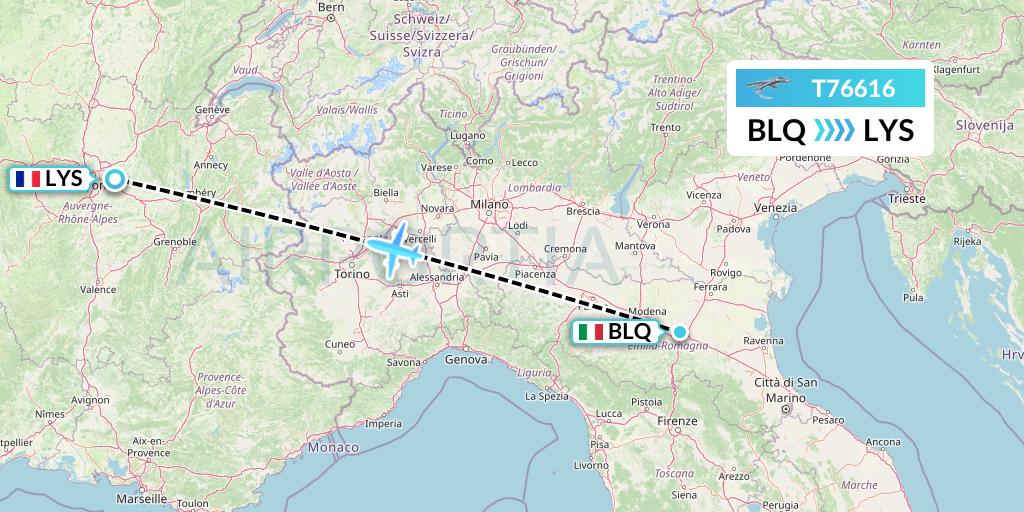 T76616 Twin Jet Flight Map: Bologna to Lyon
