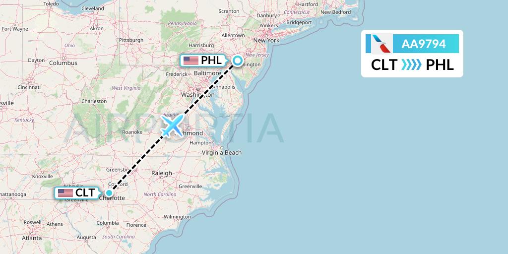 AA9794 American Airlines Flight Map: Charlotte to Philadelphia