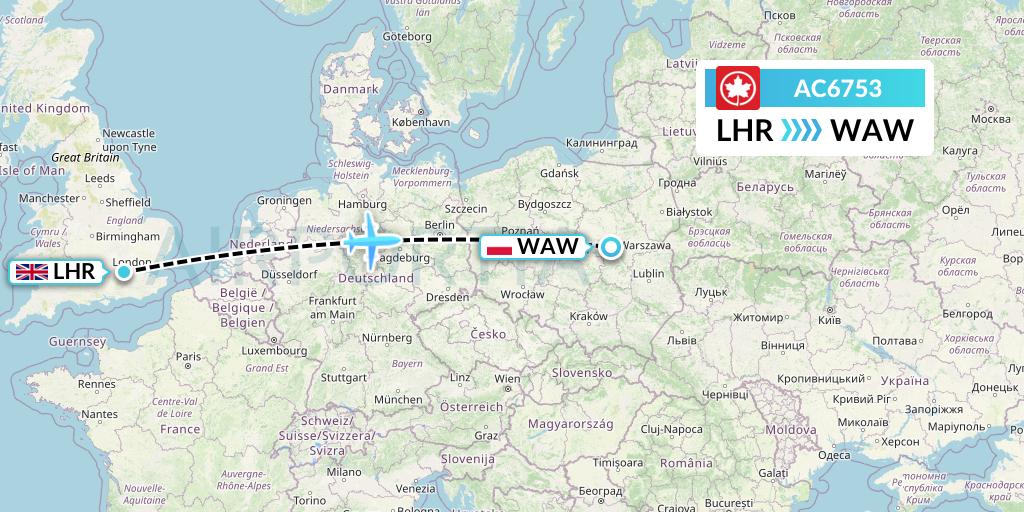 AC6753 Air Canada Flight Map: London to Warsaw