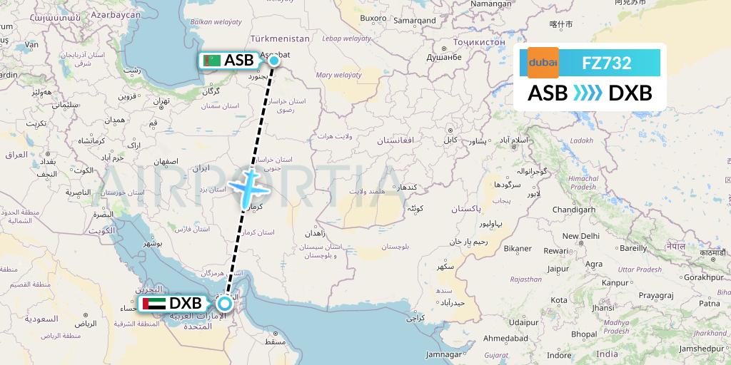 FZ732 FlyDubai Flight Map: Ashgabat to Dubai