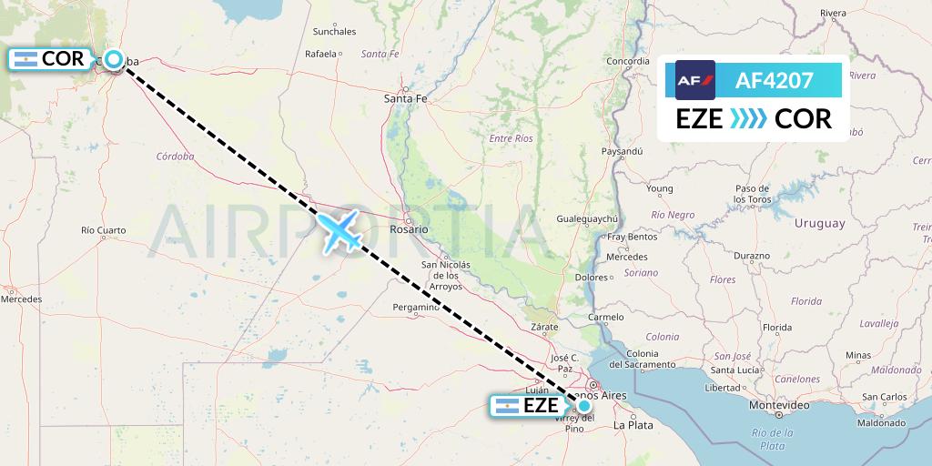 AF4207 Air France Flight Map: Buenos Aires to Cordoba