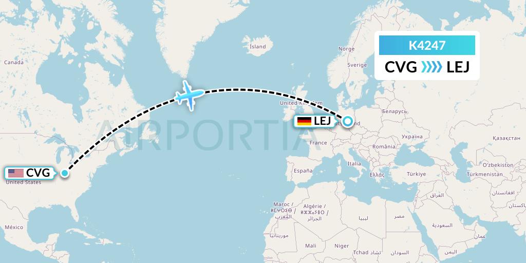 K4247 Kalitta Air Flight Map: Cincinnati to Leipzig