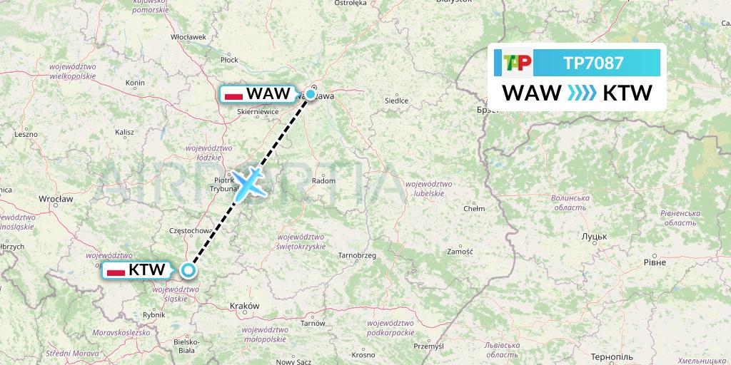 TP7087 TAP Portugal Flight Map: Warsaw to Katowice