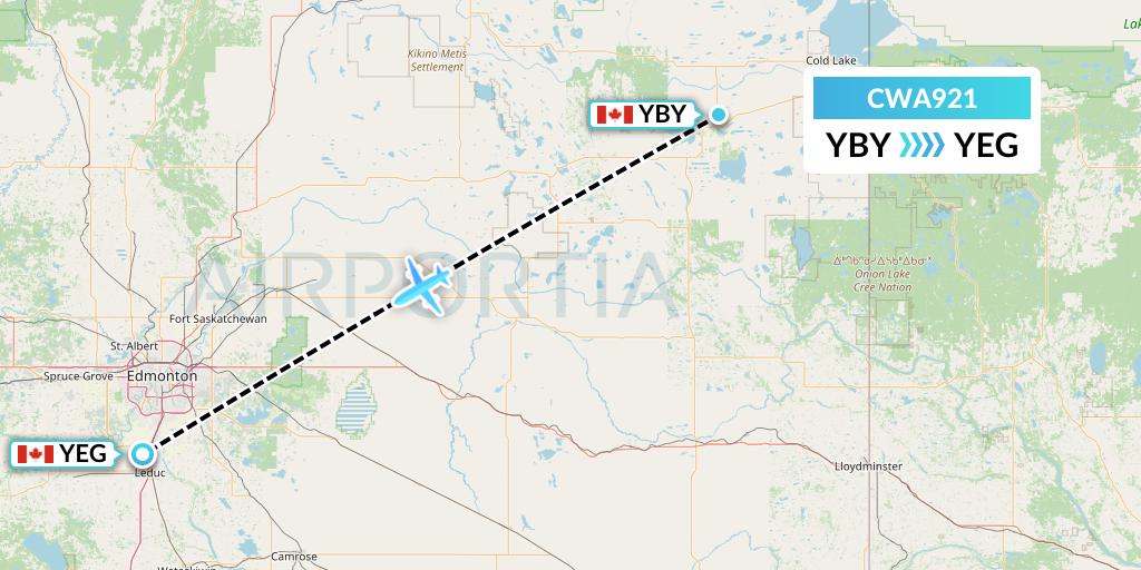CWA921 Can West Corporate Air Charters Ltd. Flight Map: Bonnyville to Edmonton