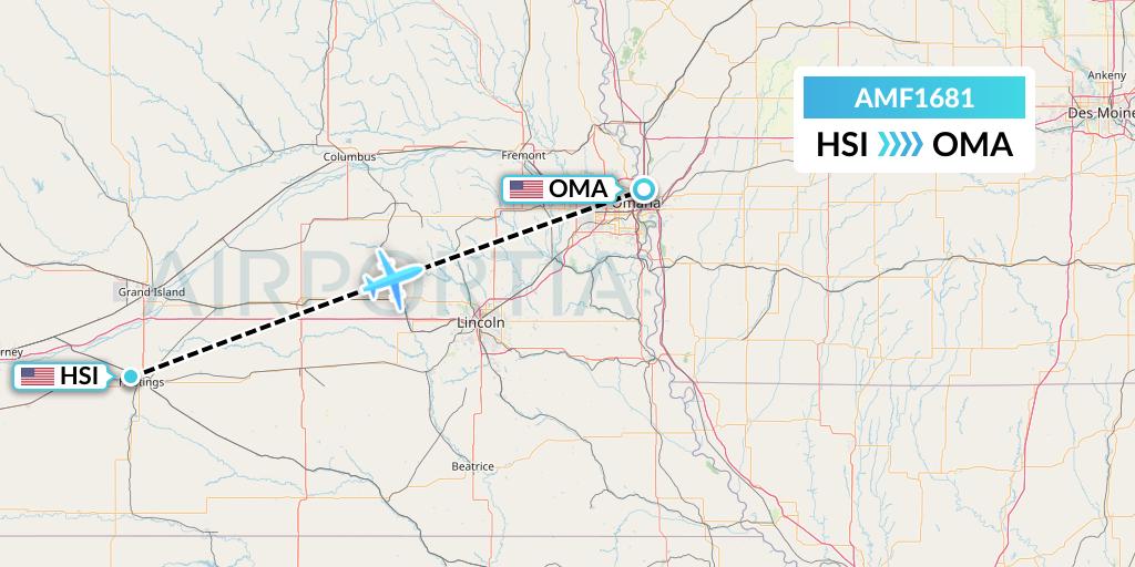 AMF1681 Ameriflight Flight Map: Hastings to Omaha