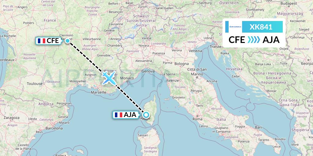 XK841 Air Corsica Flight Map: Clermont-Ferrand to Ajaccio