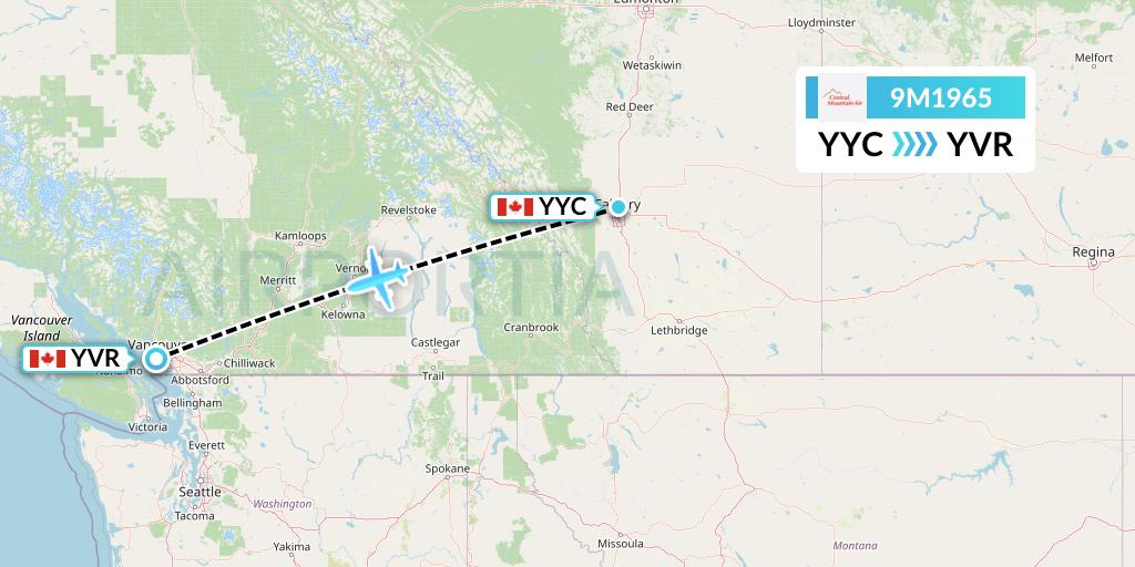 9M1965 Central Mountain Air Flight Map: Calgary to Vancouver