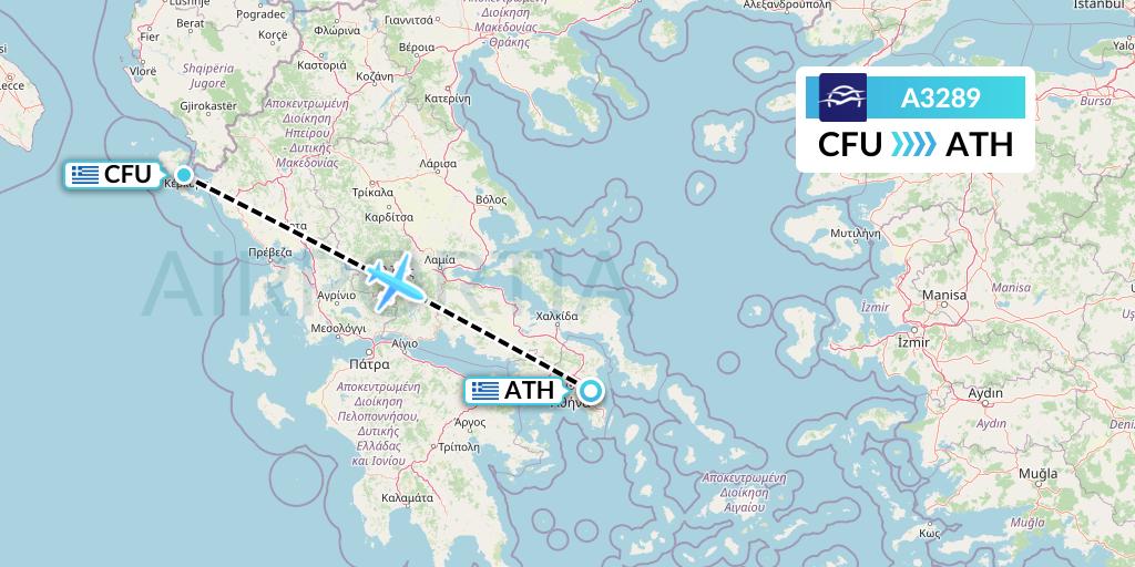 A3289 Aegean Airlines Flight Map: Corfu to Athens