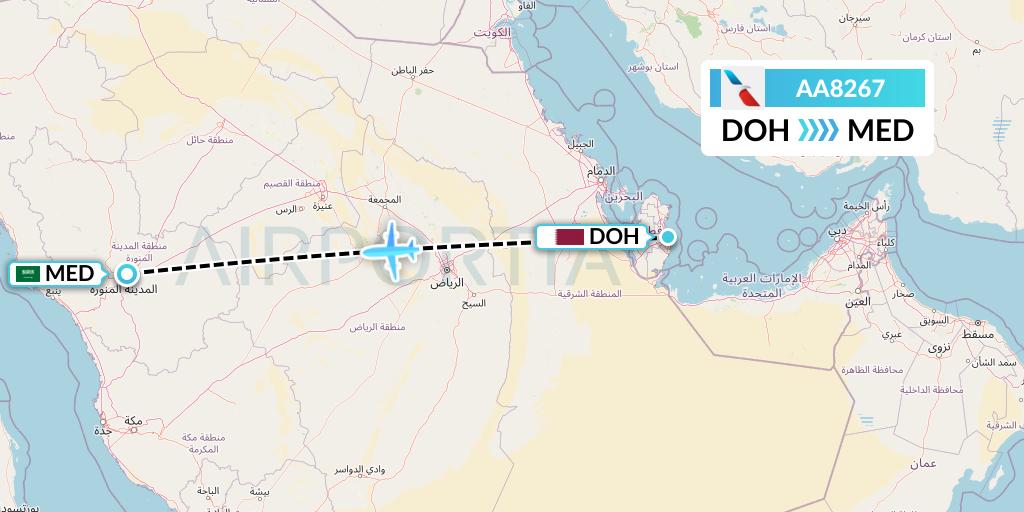 AA8267 American Airlines Flight Map: Doha to Medina
