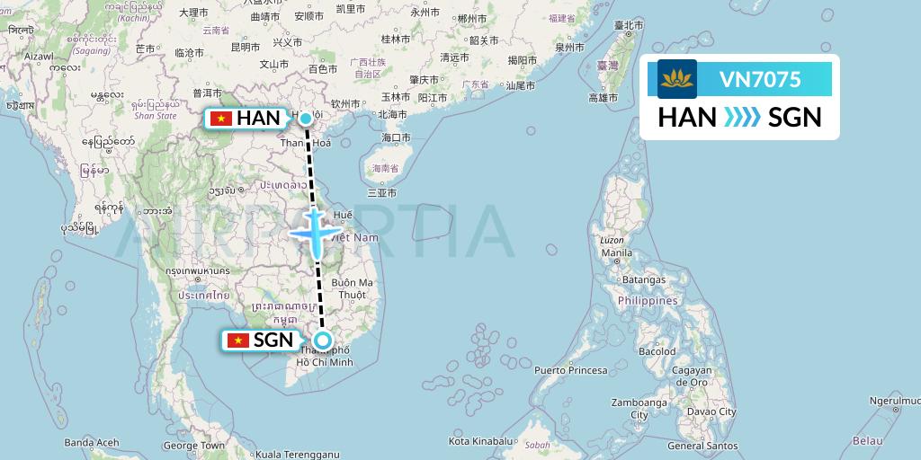 VN7075 Vietnam Airlines Flight Map: Hanoi to Ho Chi Minh City