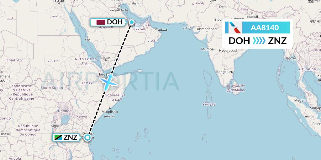 AA8140 American Airlines Flight Map: Doha to Zanzibar