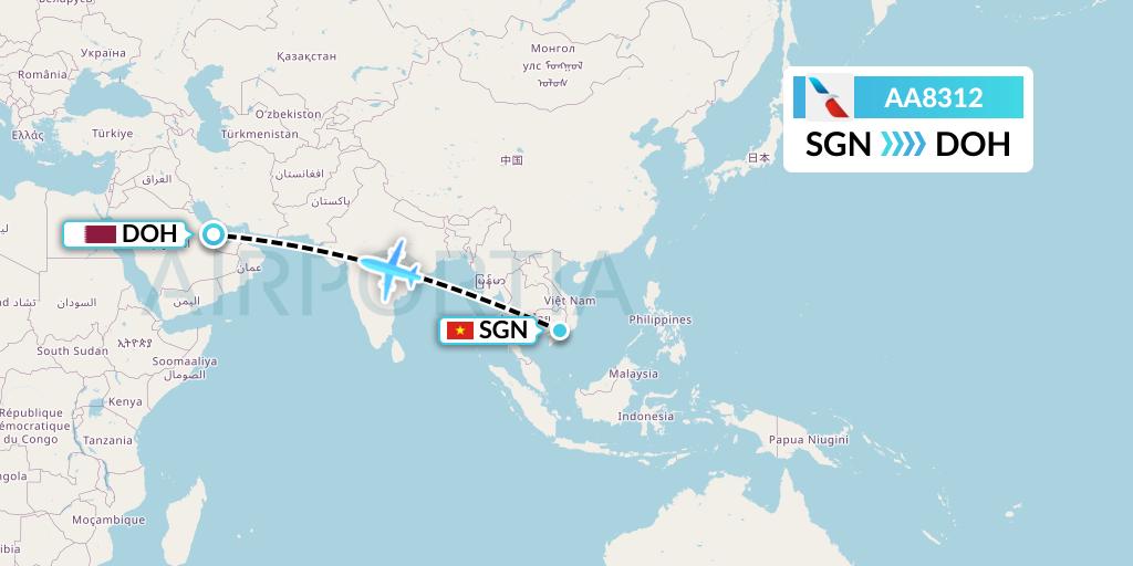 AA8312 American Airlines Flight Map: Ho Chi Minh City to Doha