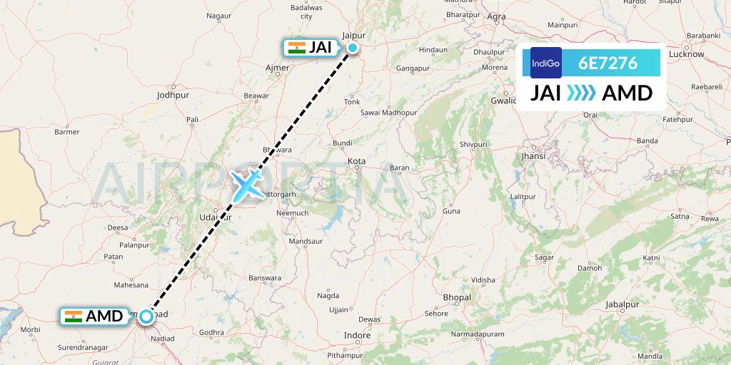 6E7276 IndiGo Airlines Flight Map: Jaipur to Ahmedabad