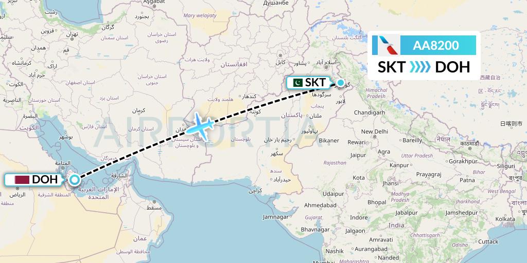 AA8200 American Airlines Flight Map: Sialkot to Doha