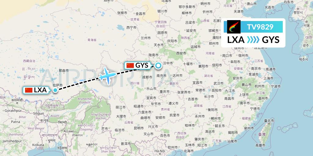 TV9829 Tibet Airlines Flight Map: Lhasa to Guangyuan
