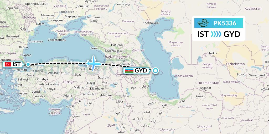 PK5336 Pakistan International Airlines Flight Map: Istanbul to Baku