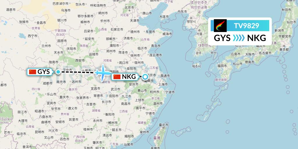 TV9829 Tibet Airlines Flight Map: Guangyuan to Nanjing