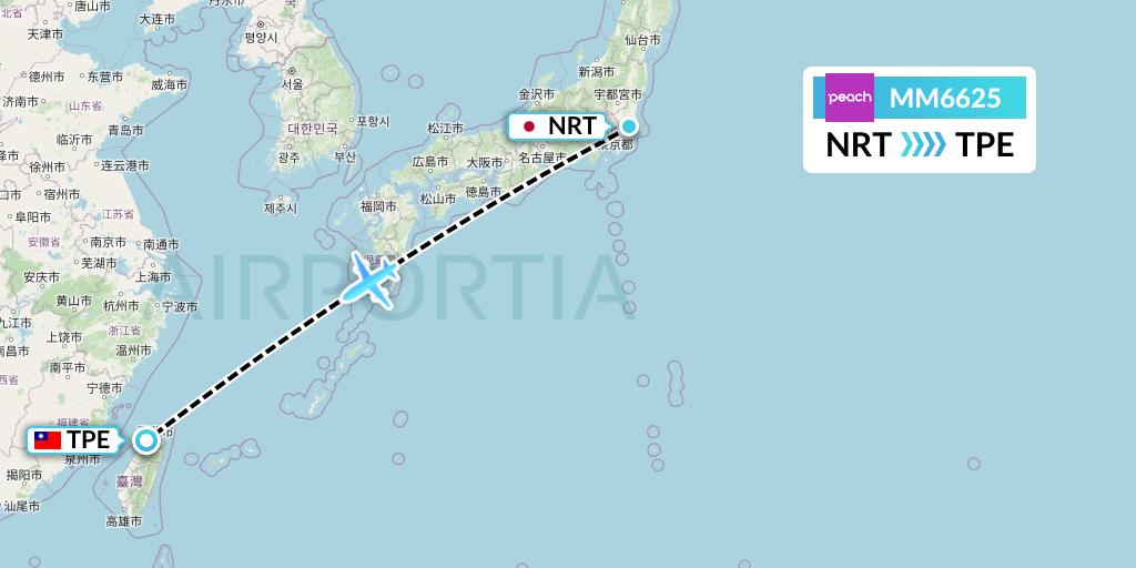 MM6625 Peach Aviation Flight Map: Tokyo to Taipei