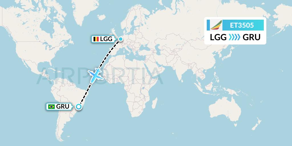 ET3505 Ethiopian Airlines Flight Map: Liege to Sao Paulo