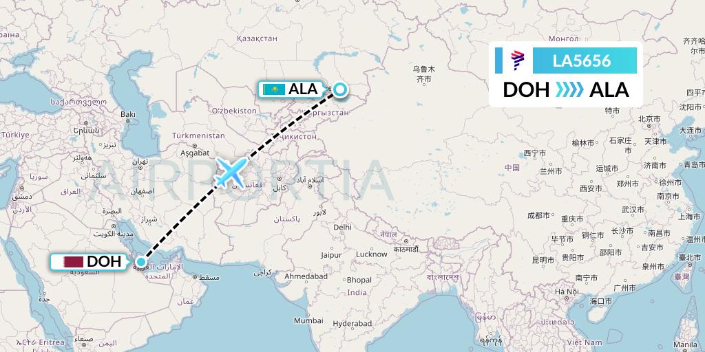 LA5656 LAN Airlines Flight Map: Doha to Almaty