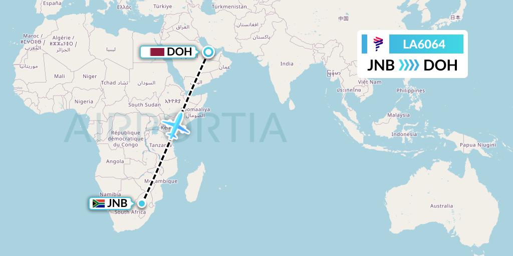 LA6064 LAN Airlines Flight Map: Johannesburg to Doha