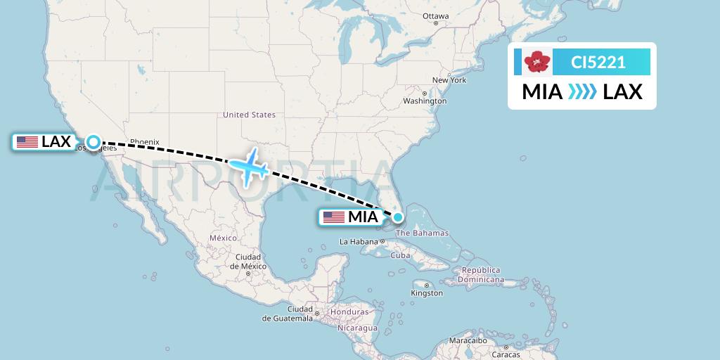 CI5221 China Airlines Flight Map: Miami to Los Angeles