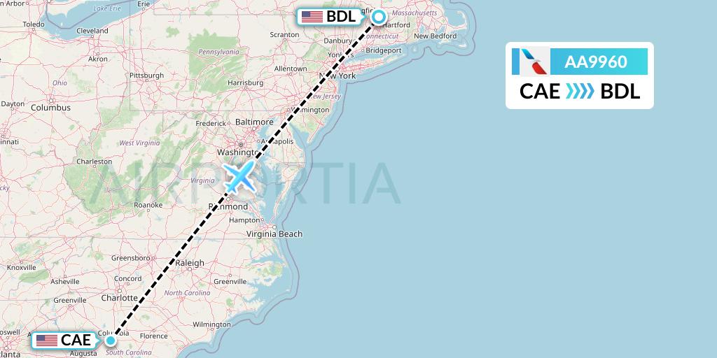 AA9960 American Airlines Flight Map: Columbia to Windsor Locks