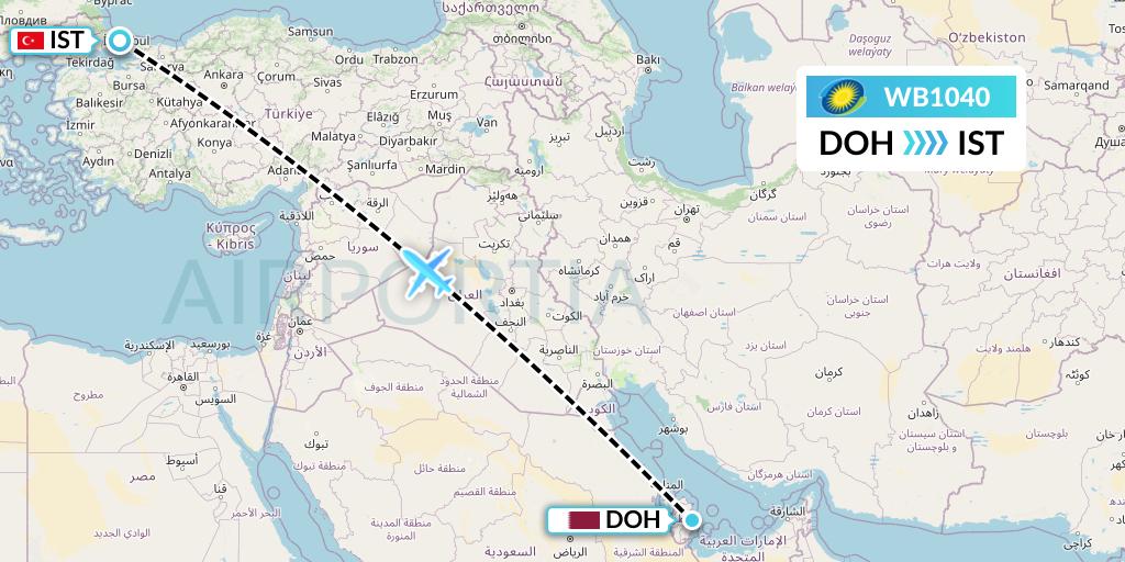 WB1040 RwandAir Flight Map: Doha to Istanbul