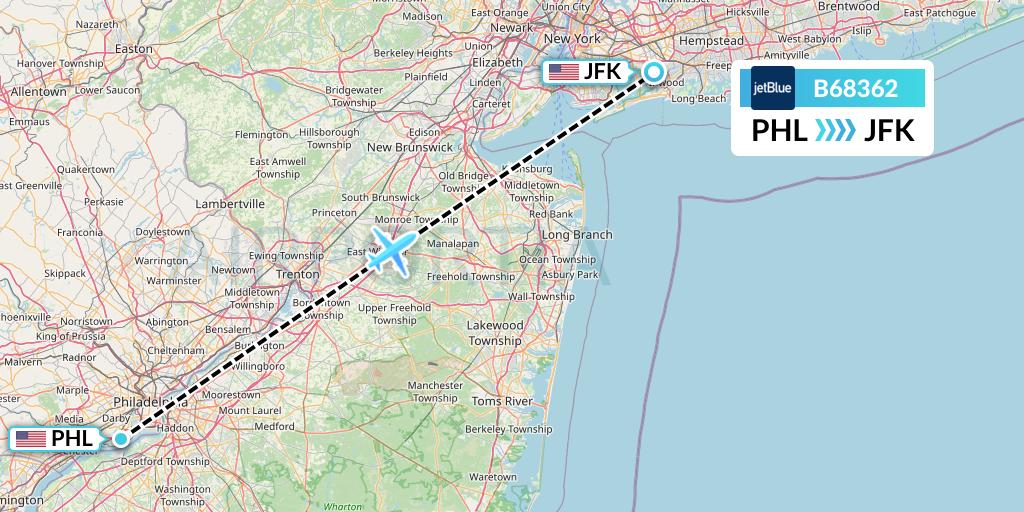 B68362 JetBlue Airways Flight Map: Philadelphia to New York