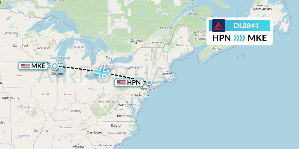 DL8841 Delta Air Lines Flight Map: White Plains to Milwaukee