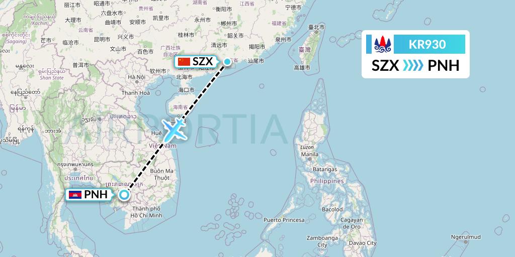 KR930 Cambodia Airways Flight Map: Shenzhen to Phnom Penh
