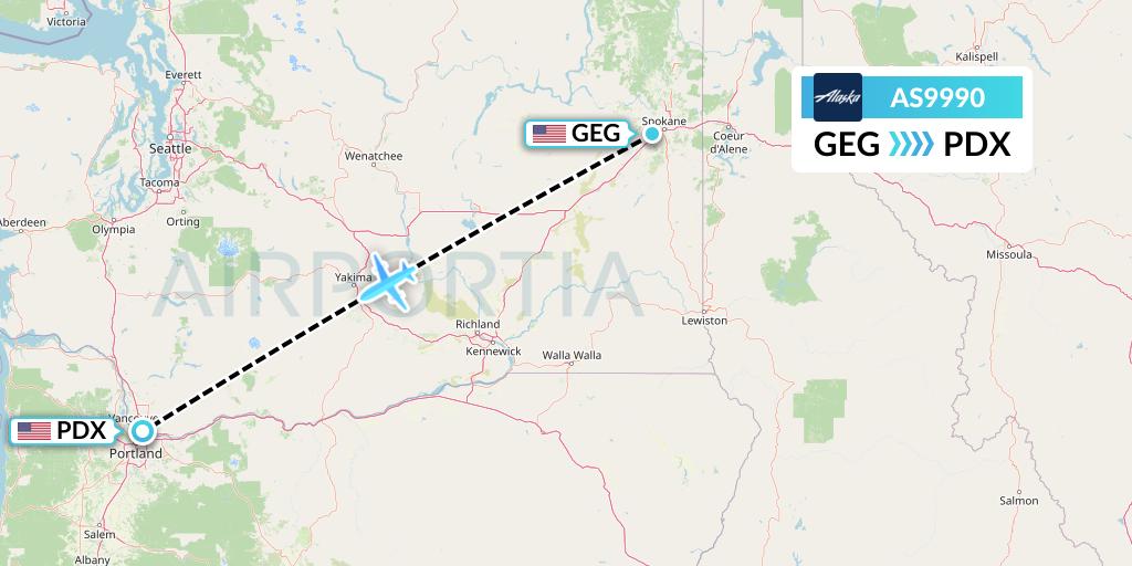 AS9990 Alaska Airlines Flight Map: Spokane to Portland