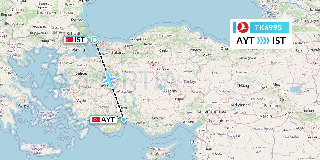 TK6995 Turkish Airlines Flight Map: Antalya to Istanbul