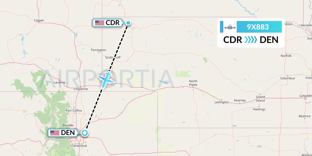 9X883 Southern Airways Express Flight Map: Chadron to Denver