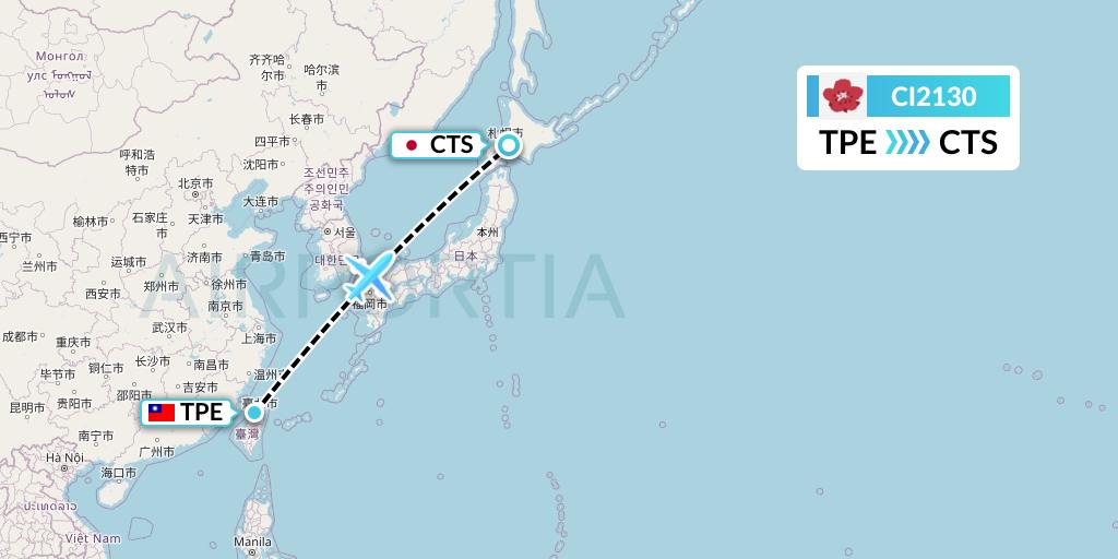 CI2130 China Airlines Flight Map: Taipei to Sapporo