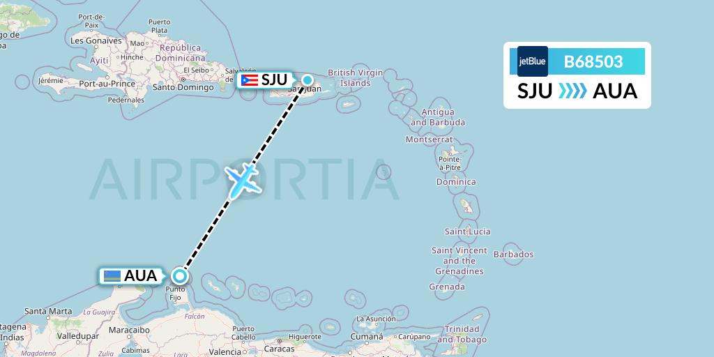 B68503 JetBlue Airways Flight Map: San Juan to Oranjestad