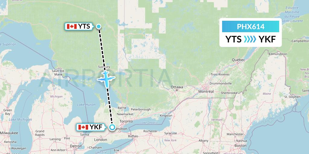 PHX614 SkyCare Flight Map: Timmins to Waterloo