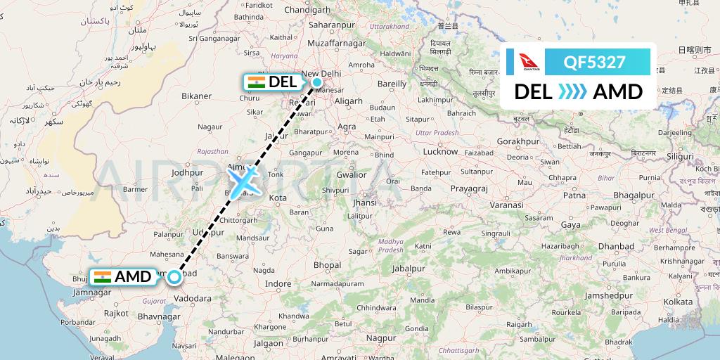 QF5327 Qantas Flight Map: Delhi to Ahmedabad