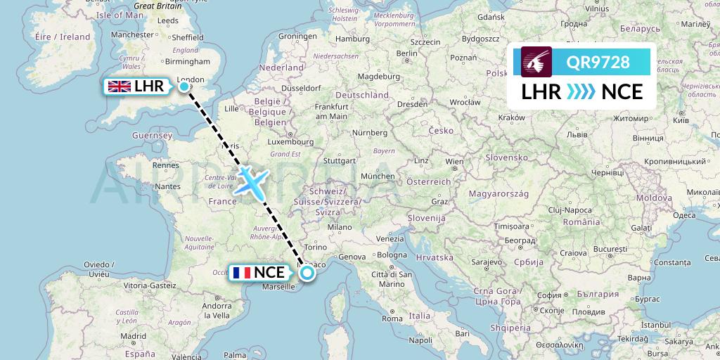 QR9728 Qatar Airways Flight Map: London to Nice