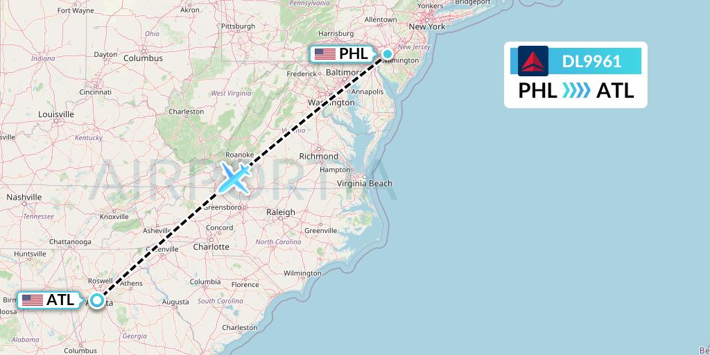 DL9961 Delta Air Lines Flight Map: Philadelphia to Atlanta