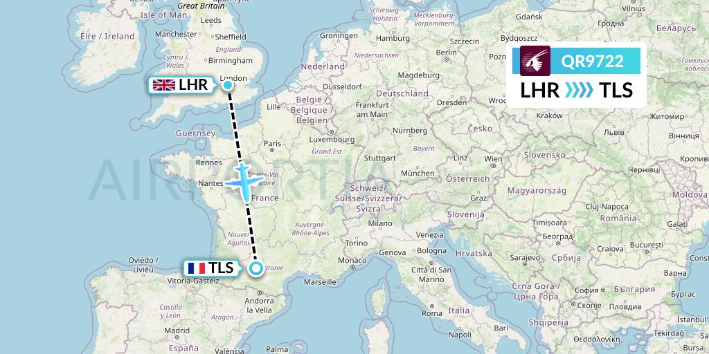 QR9722 Qatar Airways Flight Map: London to Toulouse