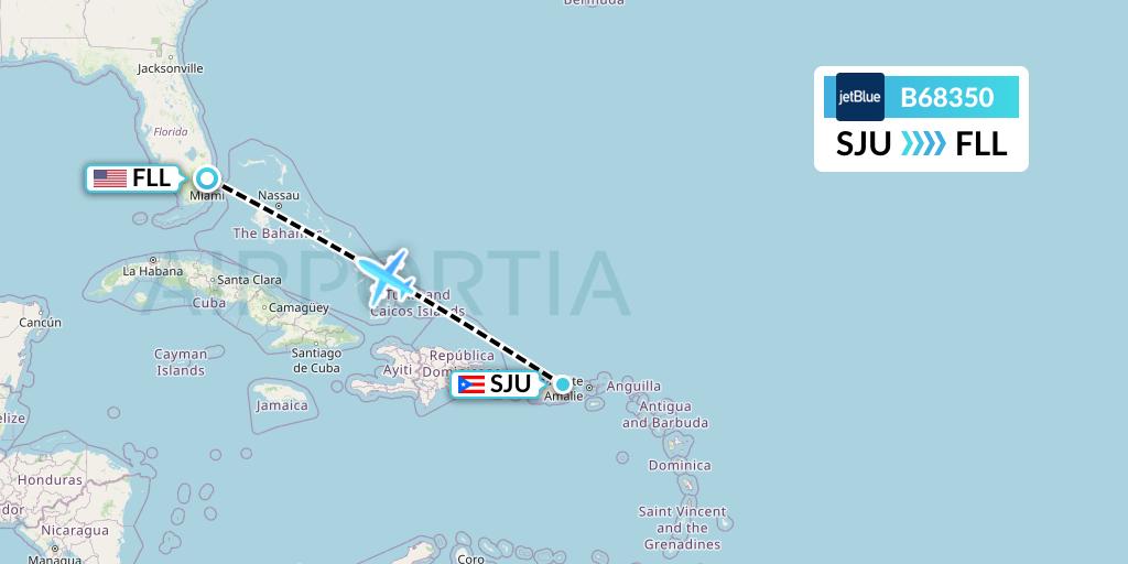 B68350 JetBlue Airways Flight Map: San Juan to Fort Lauderdale