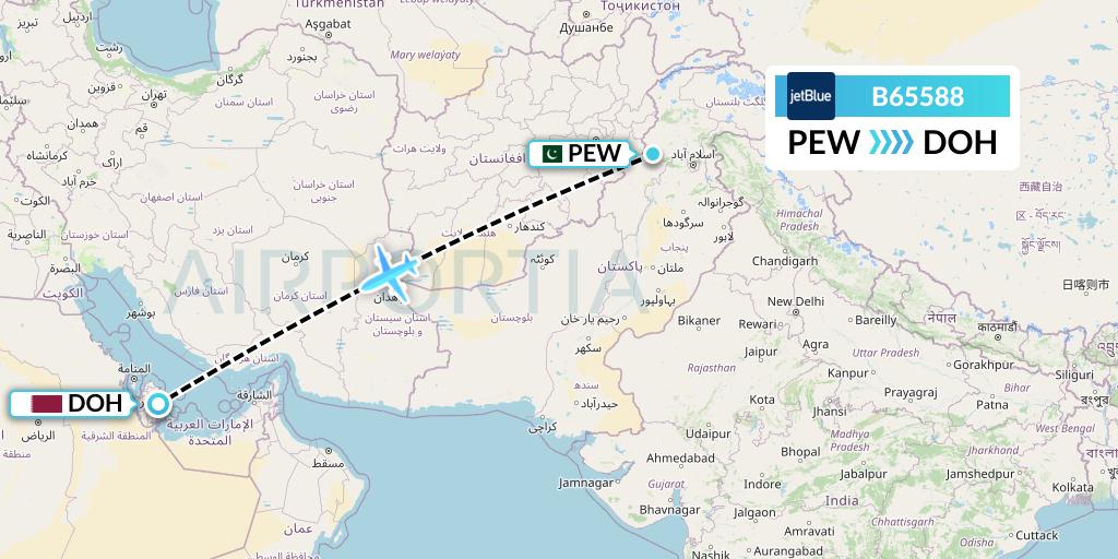 B65588 JetBlue Airways Flight Map: Peshawar to Doha