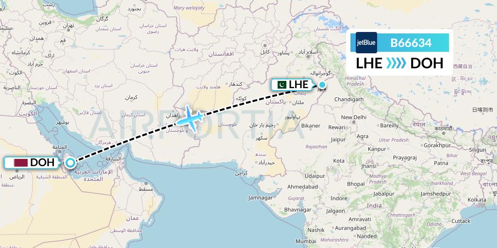 B66634 JetBlue Airways Flight Map: Lahore to Doha