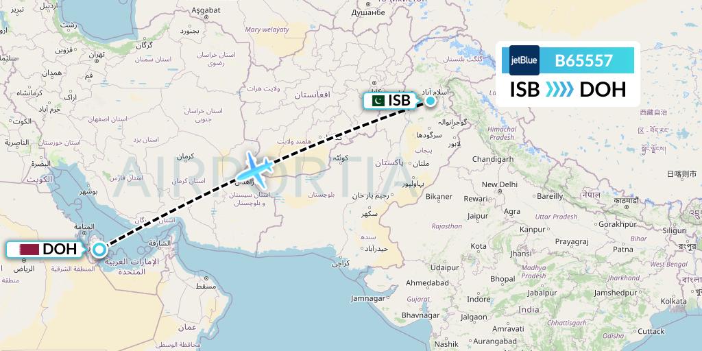 B65557 JetBlue Airways Flight Map: Islamabad to Doha