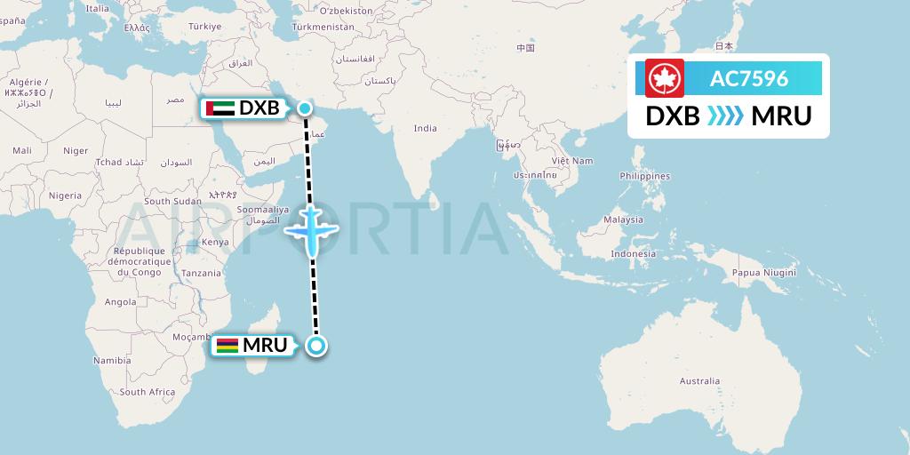 AC7596 Air Canada Flight Map: Dubai to Port Louis