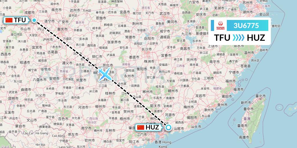 3U6775 Sichuan Airlines Flight Map: Chengdu to Huizhou