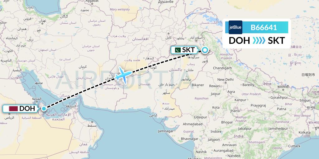B66641 JetBlue Airways Flight Map: Doha to Sialkot